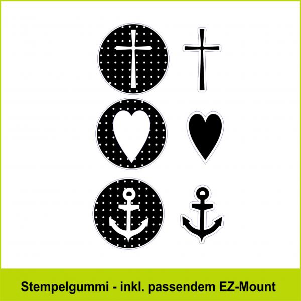 Symbole Kreuz, Herz, Anker  - Stempelgummi 7,5x10,5cm